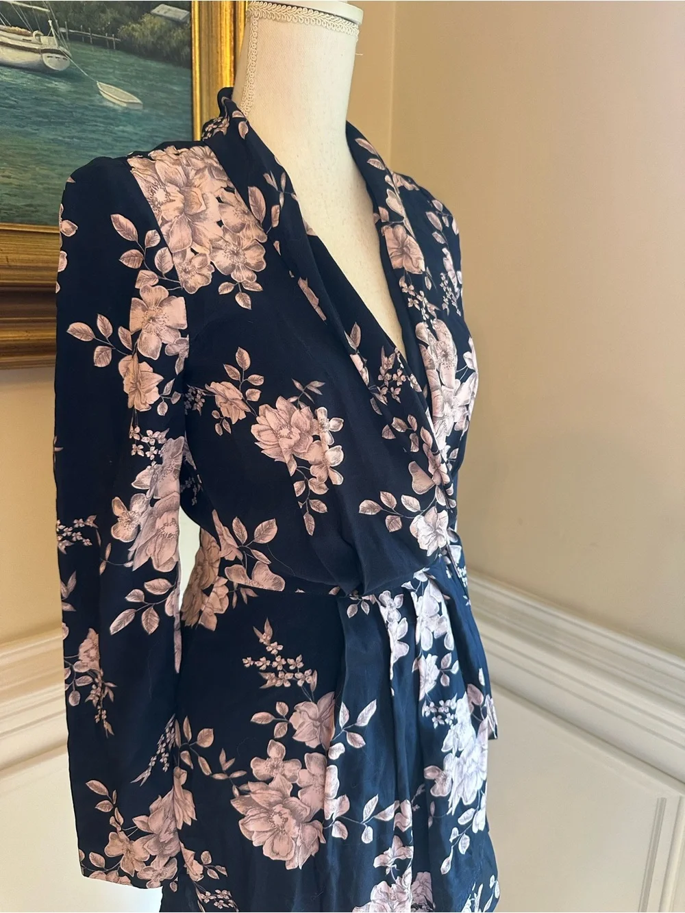 MARISSA WEBB Navy Blue Pink Floral Wrap Ruffle Dress